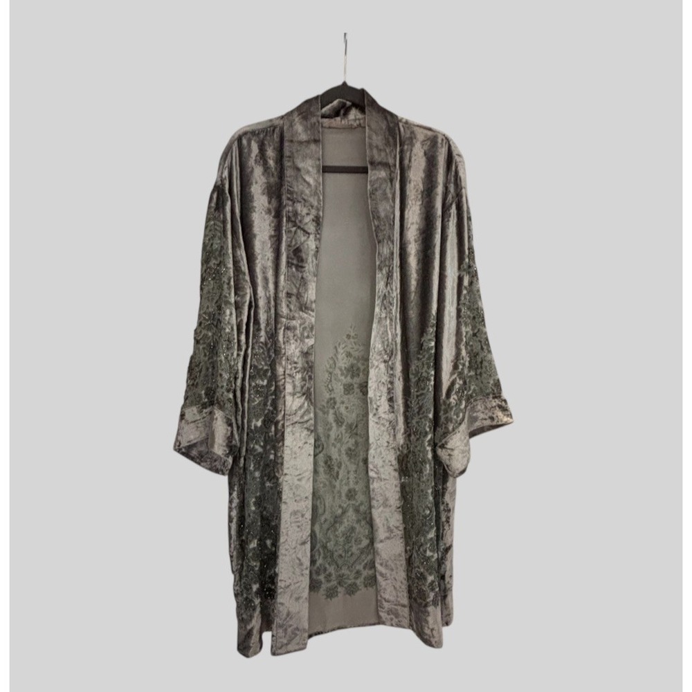 Soft Surroundings Gray Burnout Velvet Beaded Kimono Duster Jacket L/XL